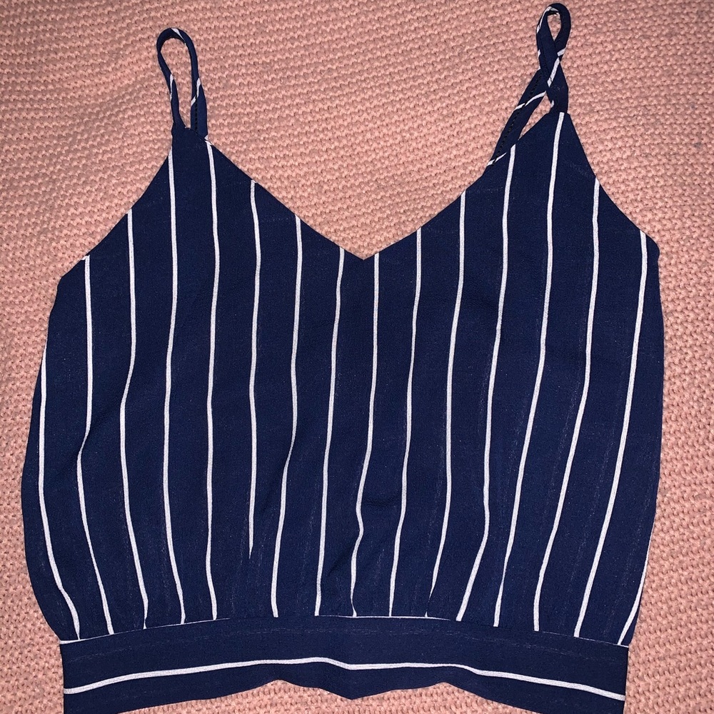 navy and white striped tie back crop top shirt
